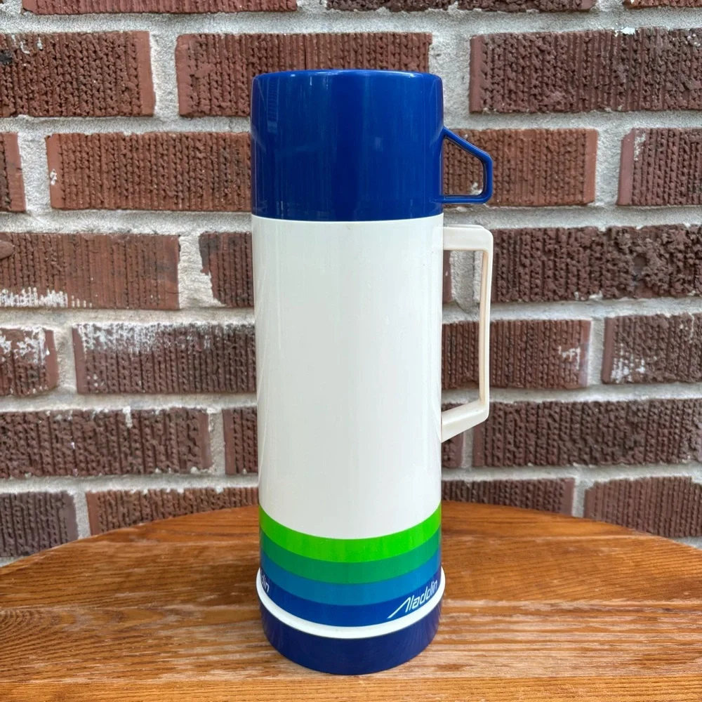 Vintage Aladdin Quart Thermos Retro Blues and Greens Stripe on Beige Stopper 12